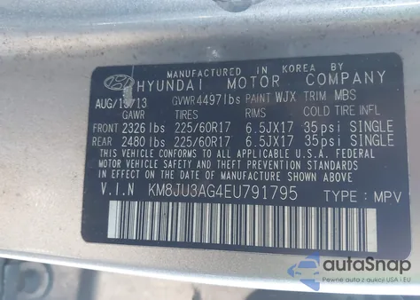 2014 Hyundai Tucson Se z USA, uszkodzony, nr VIN KM8JU3AG4EU791795